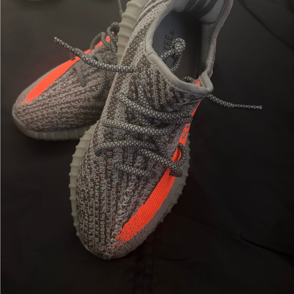 Yeezy Kids Gray Knit Sneakers with Neon Orange Stripe